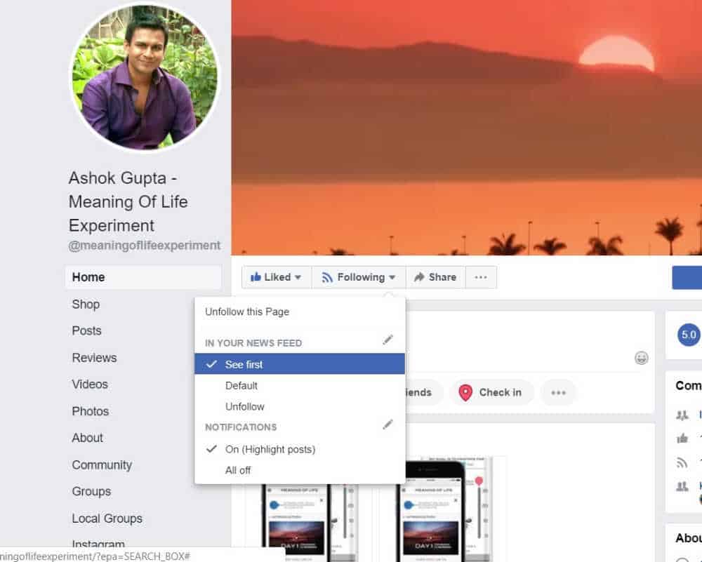 PC view of facebook page